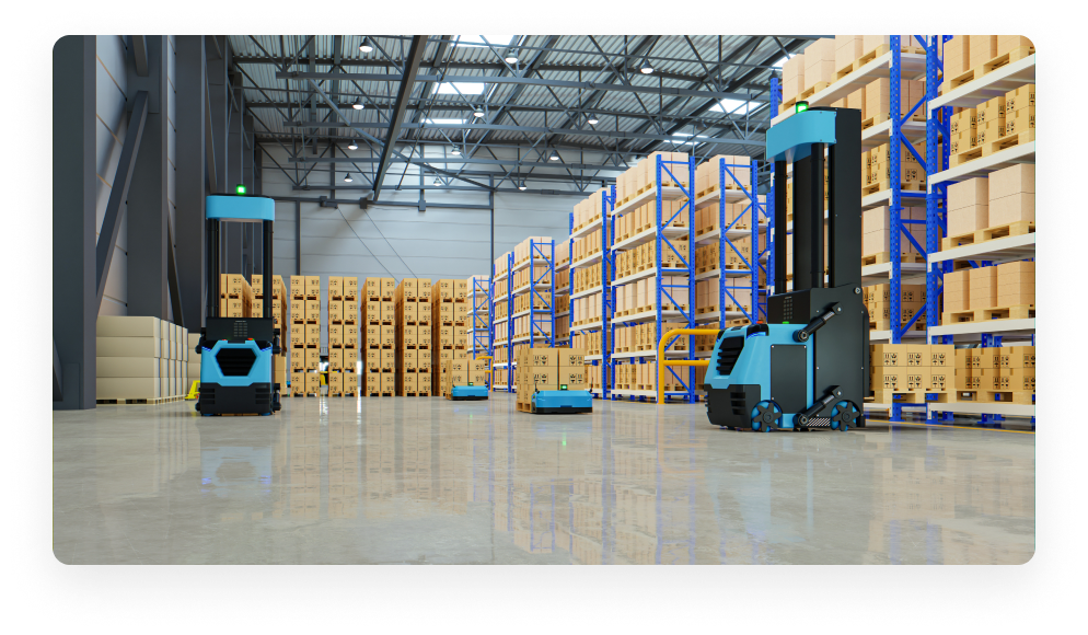 A factory warehouse containing shelves of boxes and two forklifts